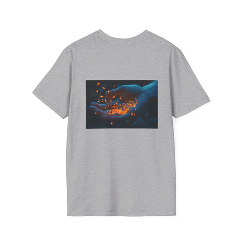 Hand holding glowing seeds tee