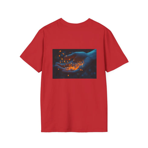 Hand holding glowing seeds tee