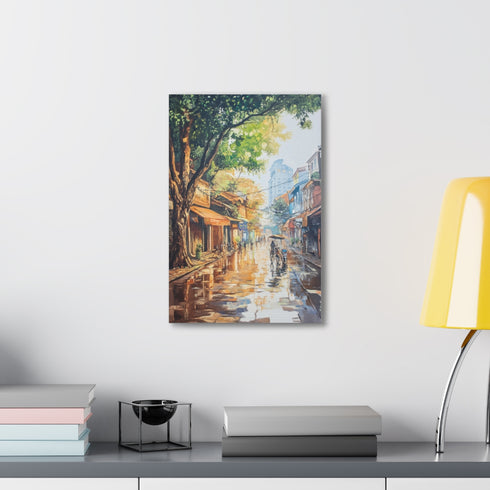 Colorful canvas capturing Hanoi street life, vibrant markets and colorful buildings.