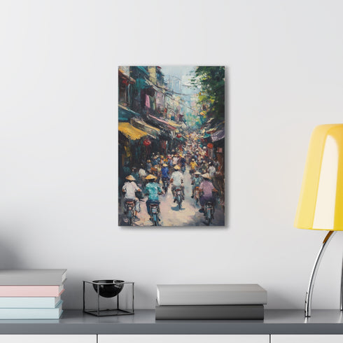 Vibrant Hanoi cityscape canvas wall art, 18" x 12" landscape.