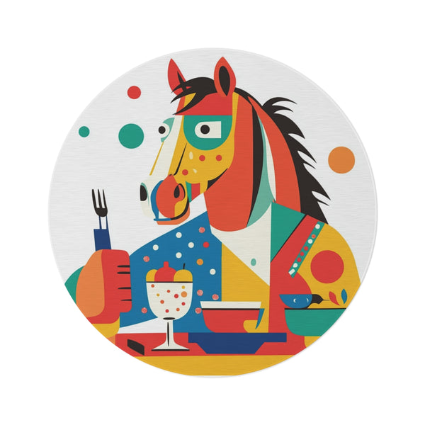 "Horsehead Man Round Rug: Whimsical Dining"