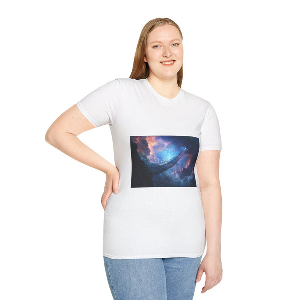 Infinity Bridge Across Nebula Graphic Unisex Softstyle T-Shirt - Model View