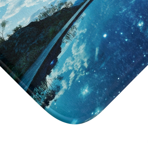 Infinity Pool with Celestial Reflection — Memory Foam Bath Mat — Microfibre Texture Close-Up View