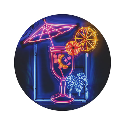 "Island Vibes Round Rug: Neon Sign & Tropical Cocktail"