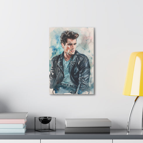 Vibrant watercolor canvas print of John Travolta in Grease movie.