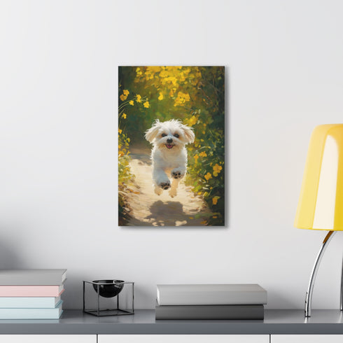 Joyful white Maltese pup canvas wall decor for spring home vibes.