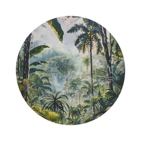 "Jungle Oasis Round Rug: Congo Rainforest Watercolor"