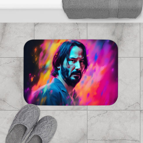 Keanu Reeves Watercolor Neon Colors Luxury Memory Foam Bath Mat - Bathroom Lifestyle View