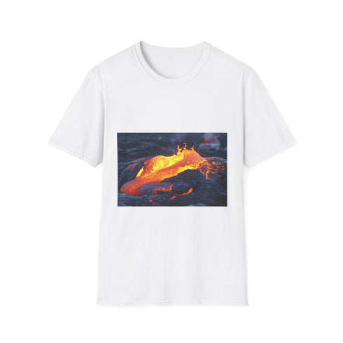 Lava Flowing from Floating Volcano Graphic Unisex Softstyle T-Shirt - Front View