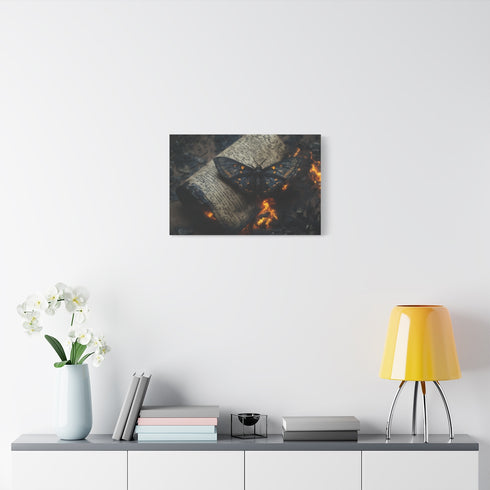 Lava Moth Resting on Burning Scroll — Stretched Canvas Wall Art — Living Room Wall Lifestyle View
