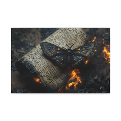Lava Moth Resting on Burning Scroll — 24×16 Canvas Wall Art — Front Gallery-Wrapped Canvas View