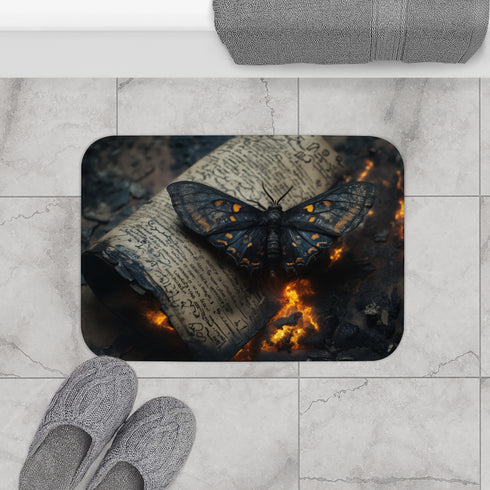Lava Moth Resting on Burning Scroll — Memory Foam Bath Mat — Modern Bathroom Floor Lifestyle View