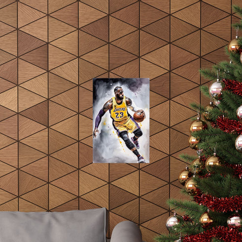 Lebron James basketball poster featuring vibrant Lakers design for home decor.