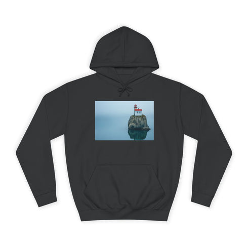 Lighthouse on Floating Rock Graphic Unisex College Hoodie - Jet Black Front