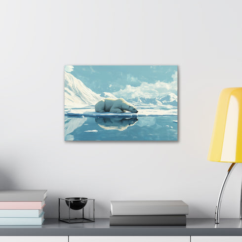 Canvas art of lone polar bear on shrinking ice representing climate crisis.