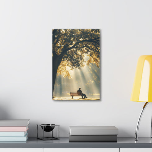 Serene man on bench in golden sunlight canvas art print.