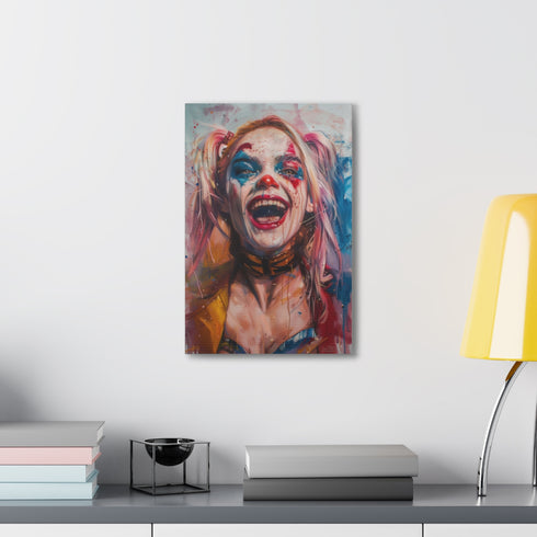 Vibrant canvas print of Harley Quinn captures essence of madness and love.