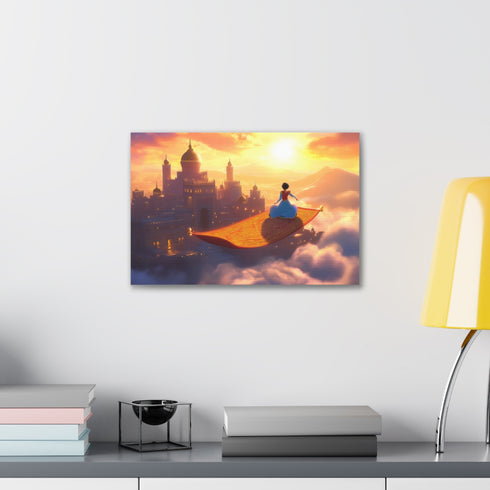 Whimsical Magic Carpet Ride Canvas Print featuring Aladdin Characters in Agrabah.