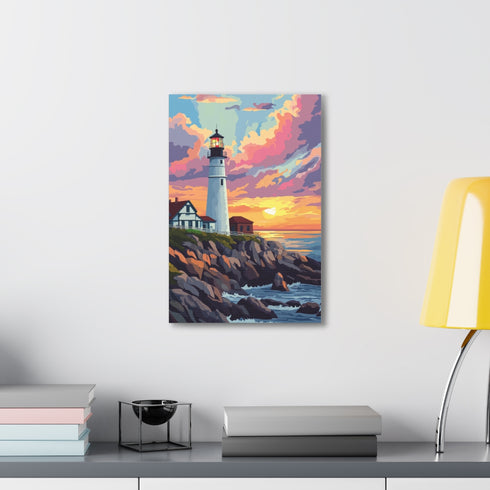 Maine Sunset Lighthouse Canvas Art in 18x12 Size.
