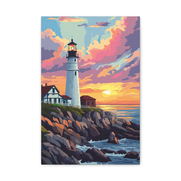 "Maine Sunset Lighthouse Over Rocks"