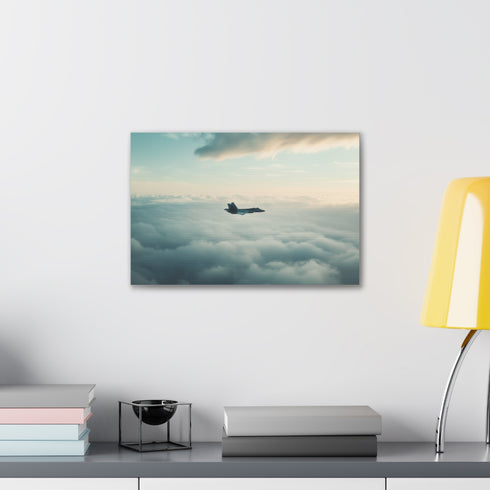 Majestic F-22 Raptor flying canvas art for aviation enthusiasts.