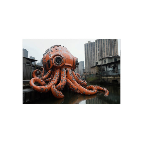 Mechanical Octopus Surfaces In City Canal