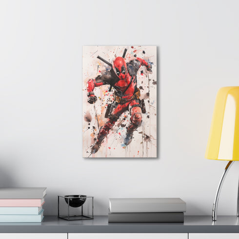 Canvas print of Deadpool with iconic smirk, 18x12 inches.