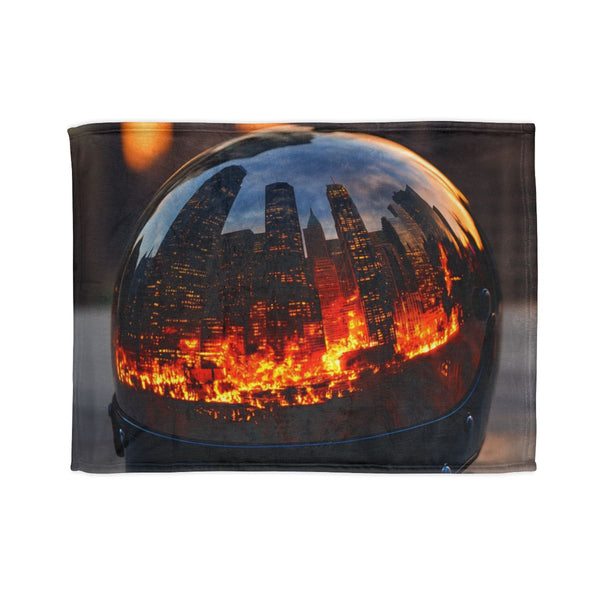 Mirror Helmet Reflecting City in Fire Plush Fleece Throw Blanket