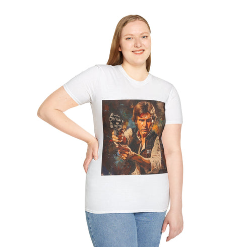 Galactic Smuggler Retro Graphic Unisex Softstyle T-Shirt - Product in Use