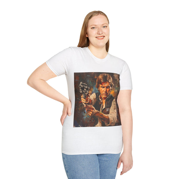 Galactic Smuggler Retro Graphic Unisex Softstyle T-Shirt - Product in Use
