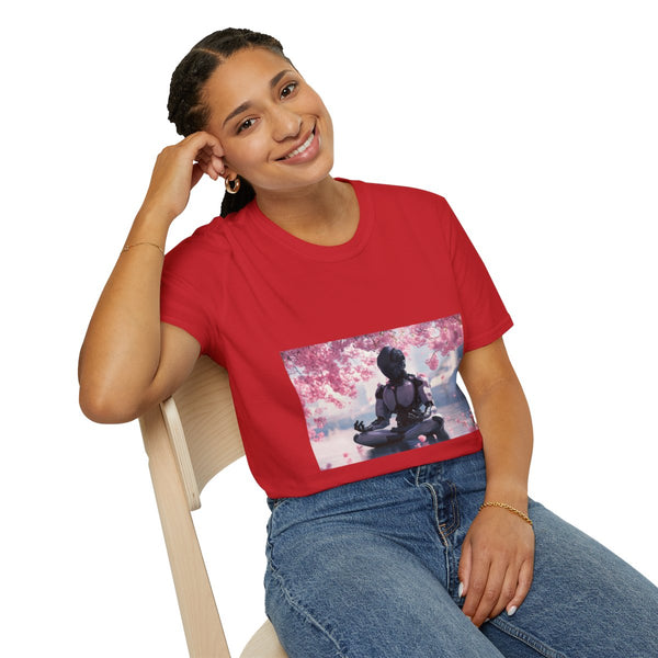 Cyber Zen Robot Monk Cherry Blossom Graphic Unisex Softstyle T-Shirt - Product in Use Lifestyle View | Prints With Passion