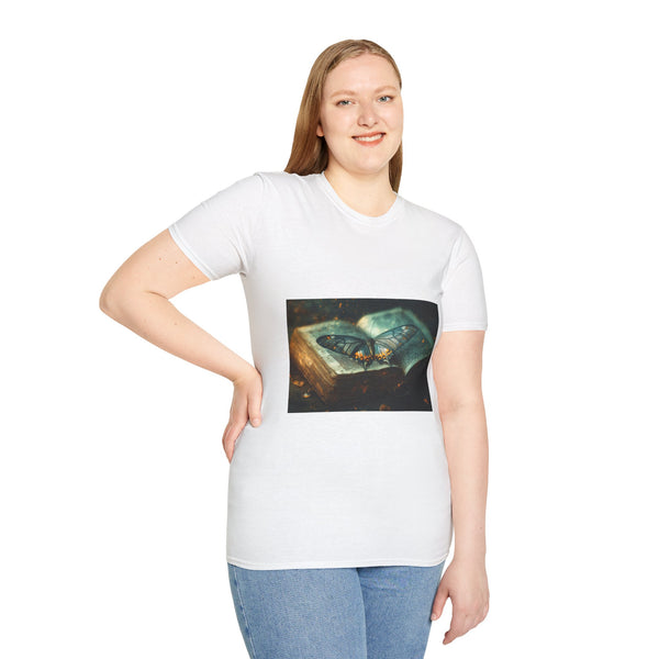 Celestial Luna Moth & Ancient Tome Graphic Unisex Softstyle T-Shirt - Product in Use