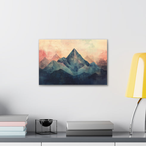 Abstract mountain majesty canvas wall decor in grey-blue-brown tones.