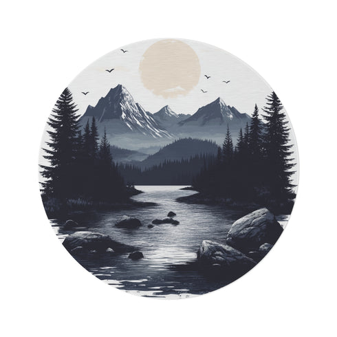 "Mountain River Round Rug: Nature-Inspired Elegance"