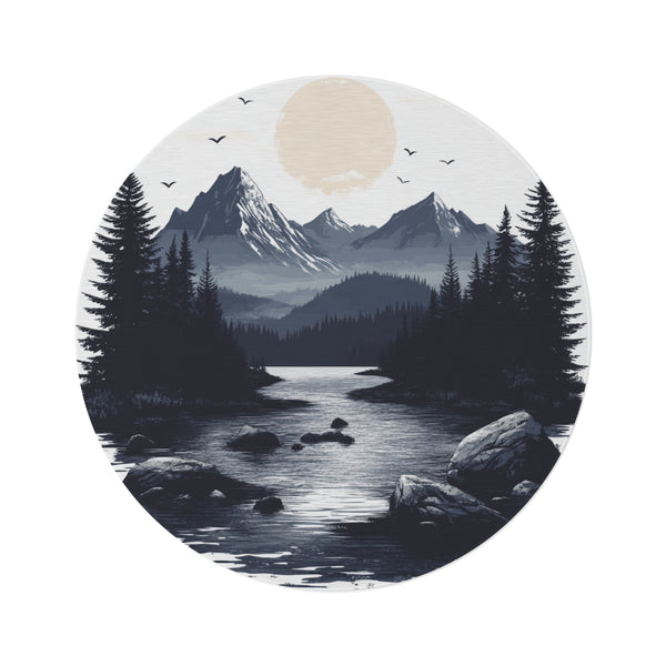 "Mountain River Round Rug: Nature-Inspired Elegance"