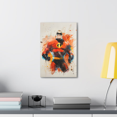 Action-packed Mr. Incredible canvas showcasing strength and superhero abilities.