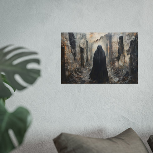 Mysterious Cloaked Figure Exploring Ruins