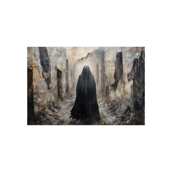 Mysterious Cloaked Figure Exploring Ruins