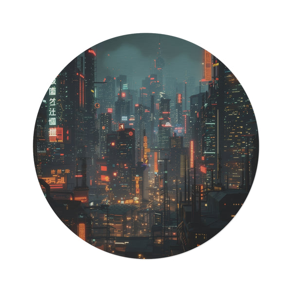 "Neon Cityscape Round Rug"