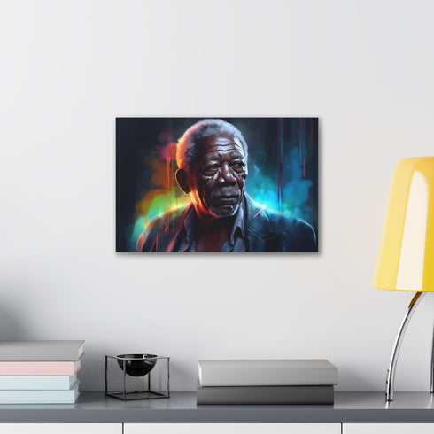 Neon watercolor portrait canvas of Morgan Freeman in vibrant colors.