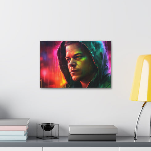 Vibrant neon watercolor Matt Damon canvas, 18" x 12" rectangle.