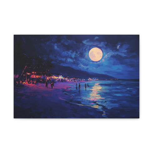 "Neon Moonlit Beach Party Canvas"