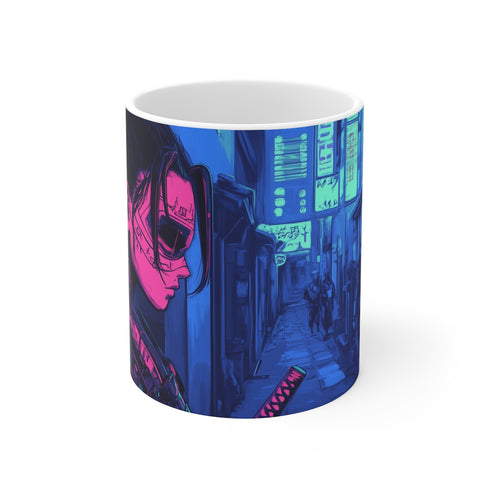 Neon Samurai Cyberpunk Alley Coffee Mug