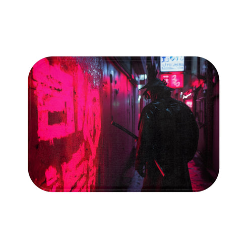 Neon Samurai Cyberpunk Bath Mat