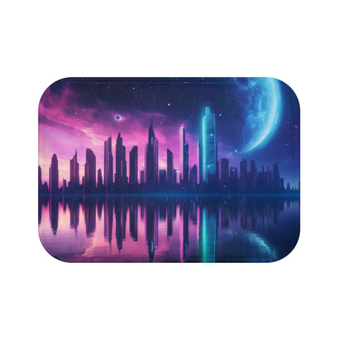 "Neon Skyline Bath Mat Reflections"