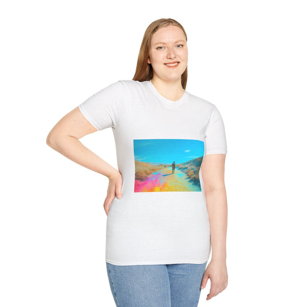 Neon Tide Washing Over Desert Graphic Unisex Softstyle T-Shirt - Model View