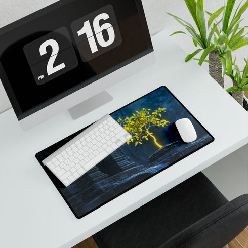Neon Tree Sprouting from Stone Temple — XL & XXL Desk Mat — Gaming & Workspace Desk Setup View