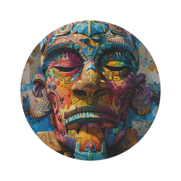 "Neon Tribe Mask Round Rug: Tribal Elegance for Your Home"