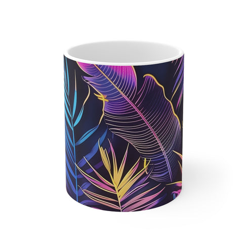 "Neon Tropical Leaves Coffee Mug: Bring the jungle to your morning routine!"