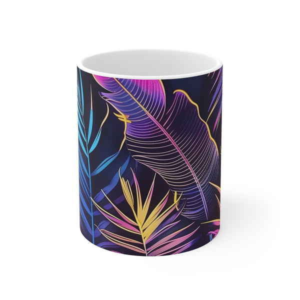 "Neon Tropical Leaves Coffee Mug: Bring the jungle to your morning routine!"